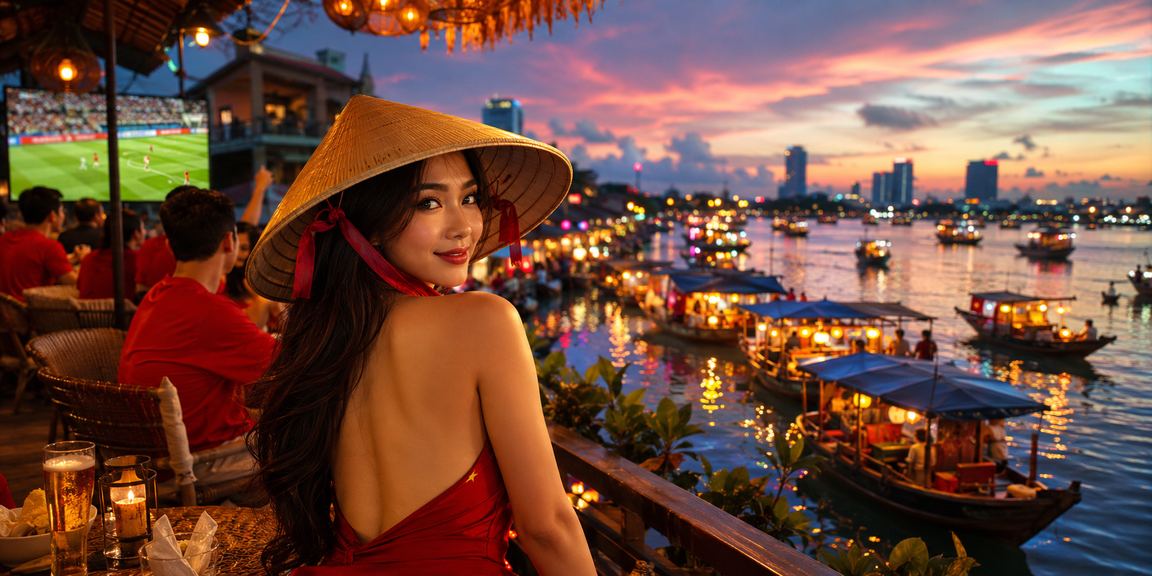 Người hâm mộ bóng đá tại Hà Nội đội nón lá theo dõi kèo cá cược trên điện thoại